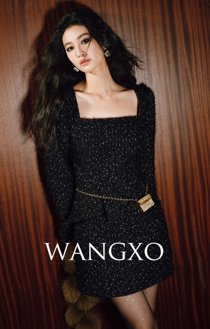 WANGXO | Luxury Tweed Shiny Texture Square Neck Waist Dress-MILA.