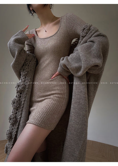 Aconiconi Luxury Loose V-Neck Long Sleeve Crochet Sweater - Camellia in the Fields