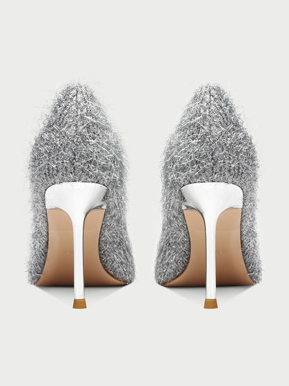 Pjjuu silver gray shaggy Pointed Toe Stiletto Heels- ASKING
