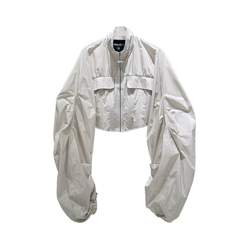 ANNAKIKI Futuristic herringbone shirred slim cropped jacket-KEANE