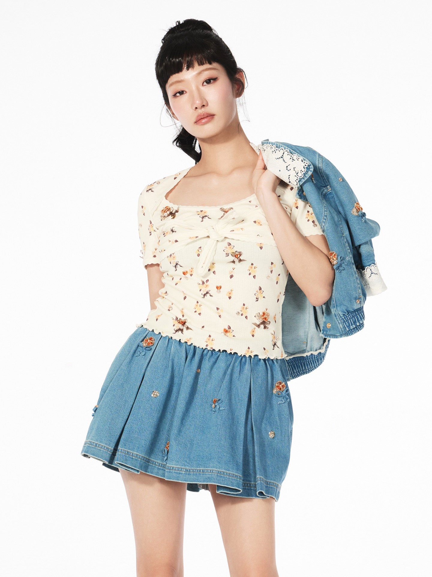 FAME square neck ruffled short-sleeved slim top - BAILEY