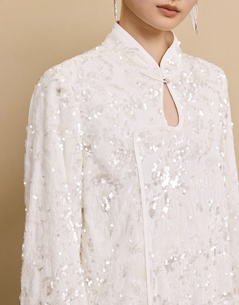 HECO floral sequins embroidery long sleeve short DRESS  - CUTE.