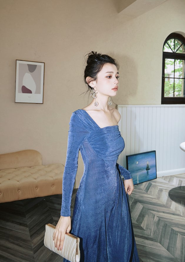 DOLLY Luxury Fog Blue Pleated Off Shoulder Slant Collar Long Sleeve Banquet Dress-MAYA