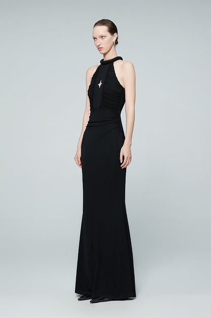 ANNAKIKI black four-pointed star hollow pleated halterneck dress-GICHII