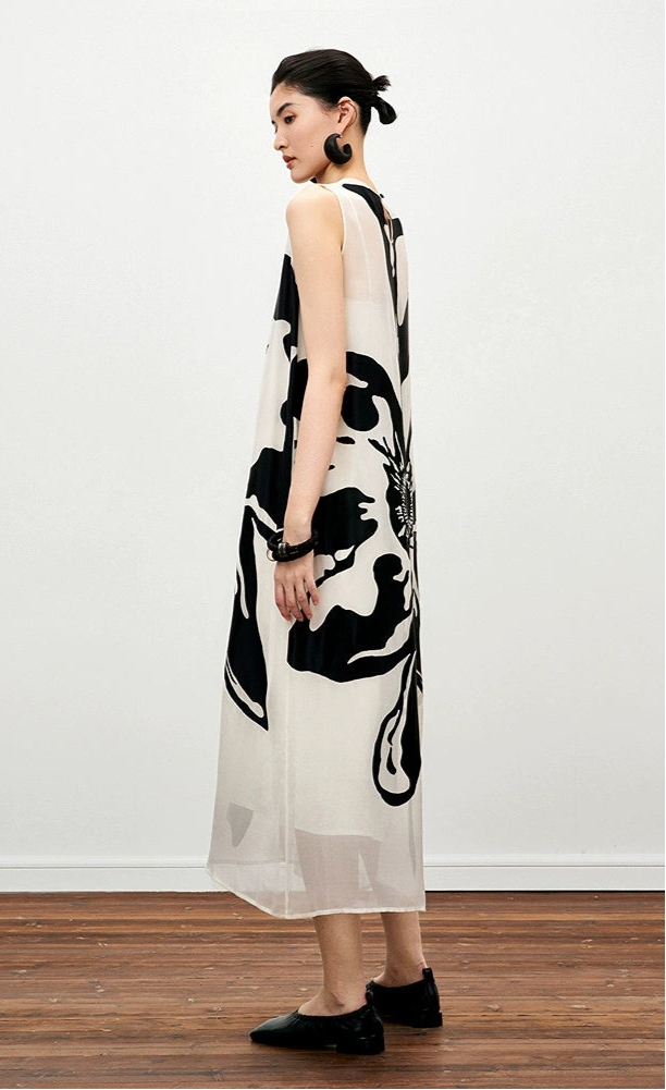 ZHUCHONGYUN Summer Ink Dot Floral Straight Sleeveless Dress--SAKI.