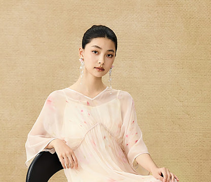 HECO Chinese Resort Style Flowing V-neck Dress - STONE.