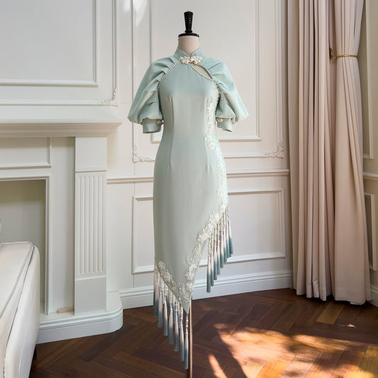 Yige modern cheongsam irregular tassel retro stand up collar mint pastel green dress - Telubi