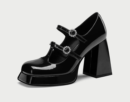 pjjuu black platform soled chunky square heel double strap mary jane heel - TARA