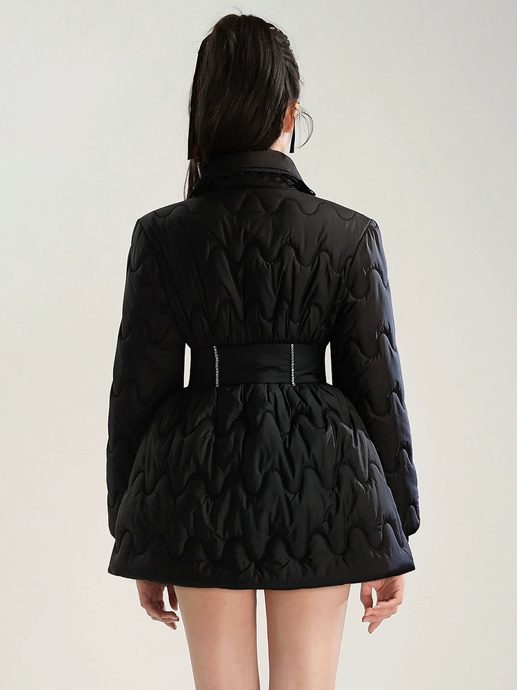CHECOCRE Elegant Black Diamond Chain Design Waist Slim Warm Puffer Jacket  Dress- SCANDLAR