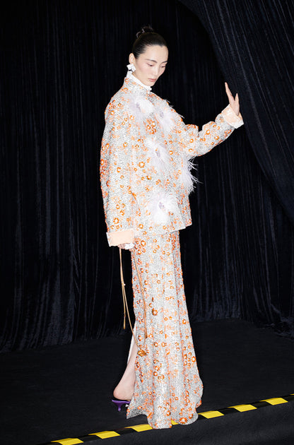 M essential Mackay designer vermilion embroidered fabric iris ostrich feather beaded jacket  FEA.