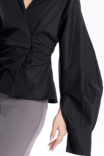 TINY IN stand-up collar casual pinch-pleated curved sleeve cinched waist shirt-KIA