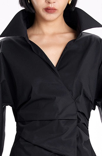 TINY IN stand-up collar casual pinch-pleated curved sleeve cinched waist shirt-KIA
