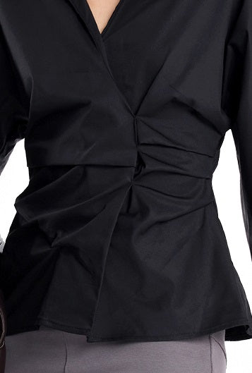 TINY IN stand-up collar casual pinch-pleated curved sleeve cinched waist shirt-KIA
