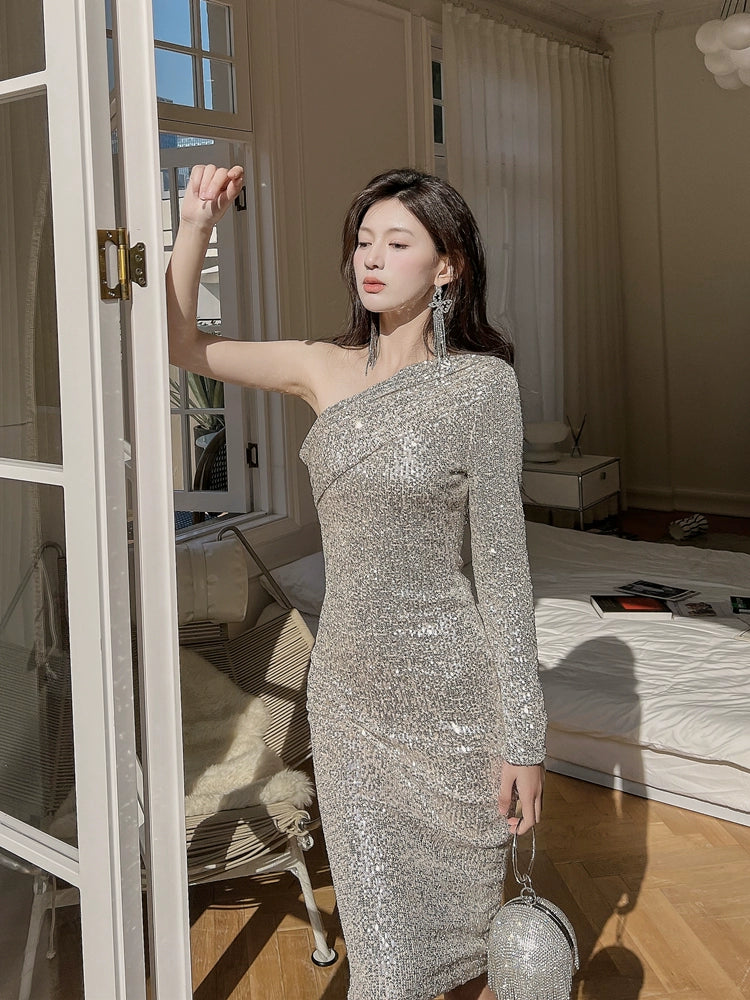 DOLLY Luxury Slant Collar Long Sleeve Sequin Slim Fit Backless Dress-IU