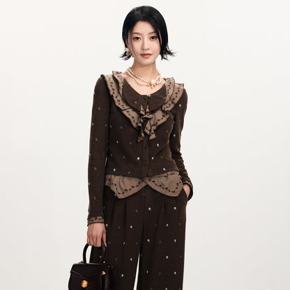 FAME Retro Style Three-Dimensional Embroidered Ruffle Leaf Plaid Collar Top - MIA.