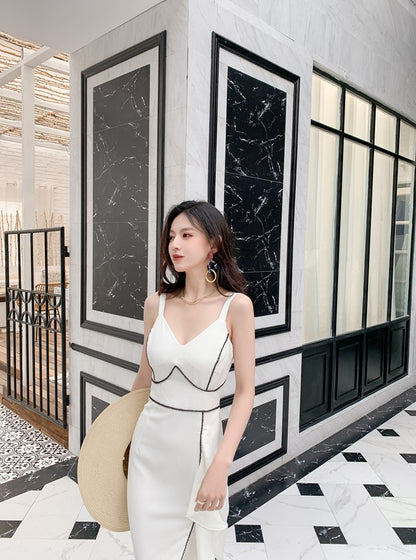 DOLLY Elegant White/Black V-Neck Sleeveless High Waist Long Ruffle Dinner Dress-MIA