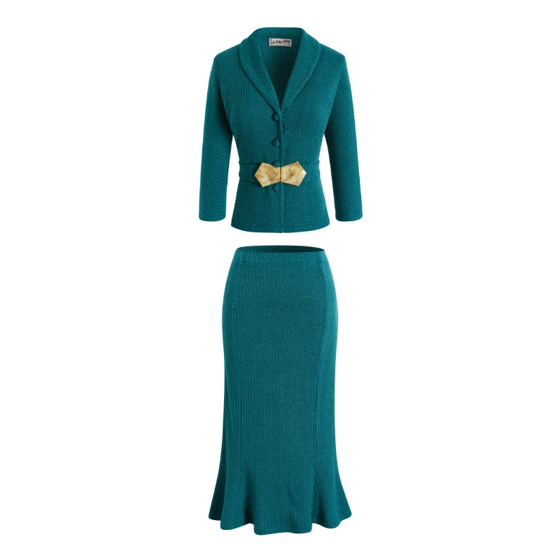 Le Palais Blue Knit Comfortable  Cardigan Mermaid Skirt Set-NIK