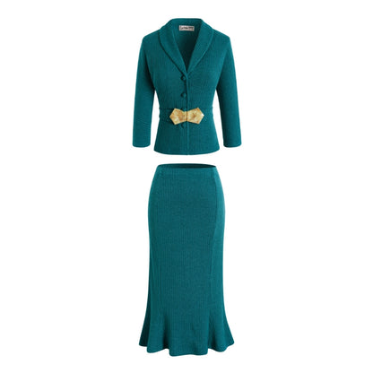 Le Palais Blue Knit Comfortable  Cardigan Mermaid Skirt Set-NIK