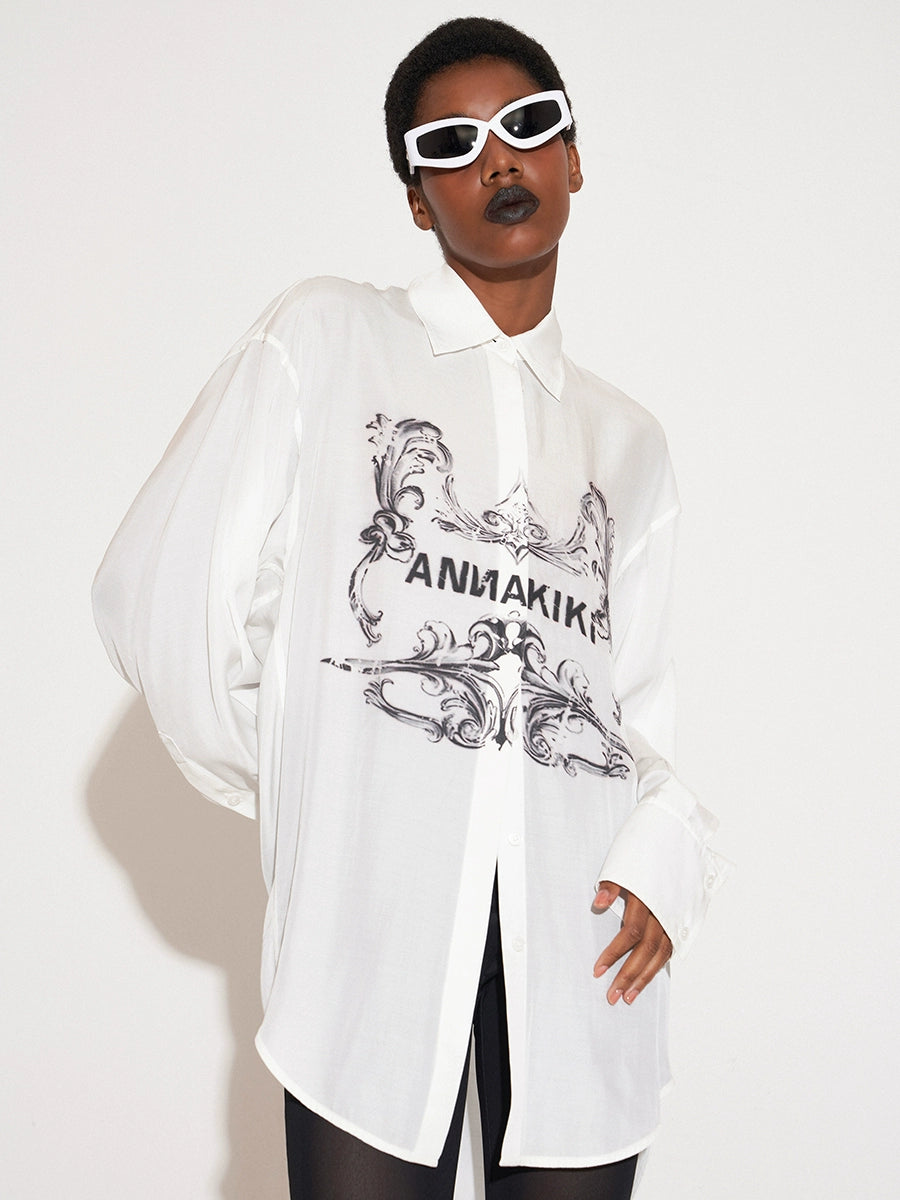 ANNAKIKI Designer White Acetate Print Loose Long Sleeve Shirt-HIRO