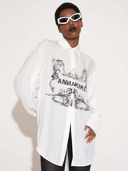 ANNAKIKI Designer White Acetate Print Loose Long Sleeve Shirt-HIRO