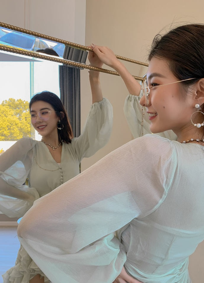 D0LLY Luxury French Style V-Neck Long Puff Sleeve Chiffon Pleated Ruffle Dress-VERA