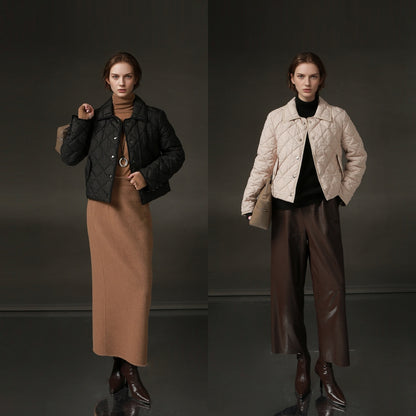 PIAOIN small rhombic short down jacket women's elegant warm winter style-SEAN