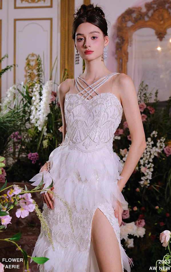 Wardrobes by Chen Luxury Whitebridal  Feather Slit Dinner Dress-Ammy