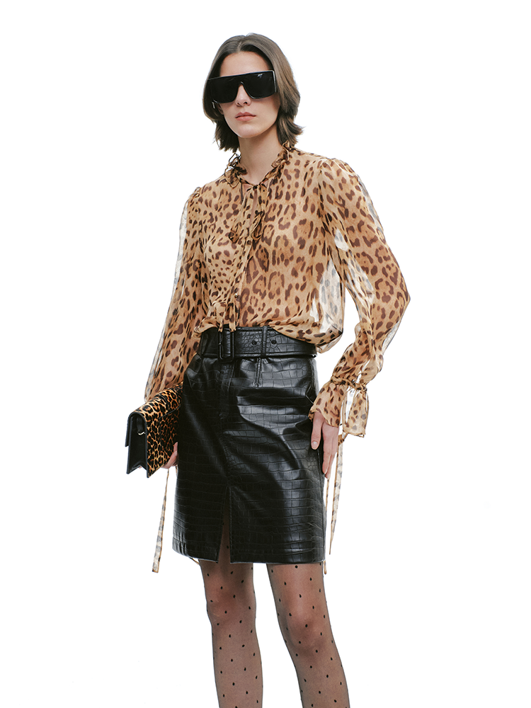 YES BY YESIR | Leopard Print Streamer Long Sleeves Shirt -ARYELLA.