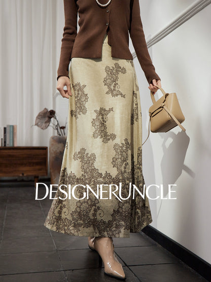 DGU "Mo Man" khaki green autumn new retro print high-waisted design skirt - MANE.