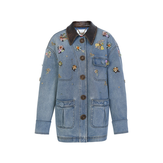 FAME Bahn-style floral beaded denim jacket  - LYLA