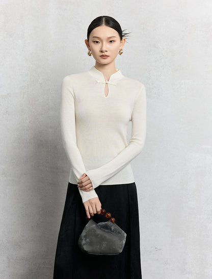 HECO Plain Worsted Wool Cheongsam Collar Buckle Knitwear - close.