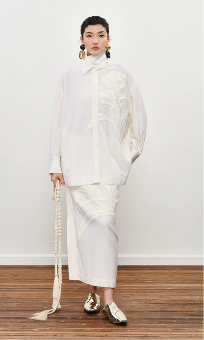 ZHUCHONGYUN Embroidered Straight Sheep Wool Lapel Shirt Top-LOLA.