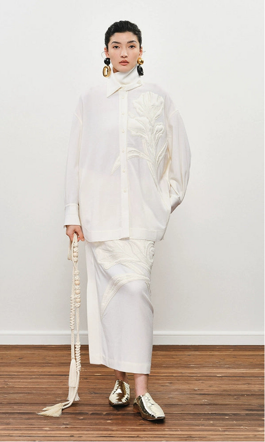 ZHUCHONGYUN Embroidered Straight Sheep Wool Lapel Shirt Top-LOLA.