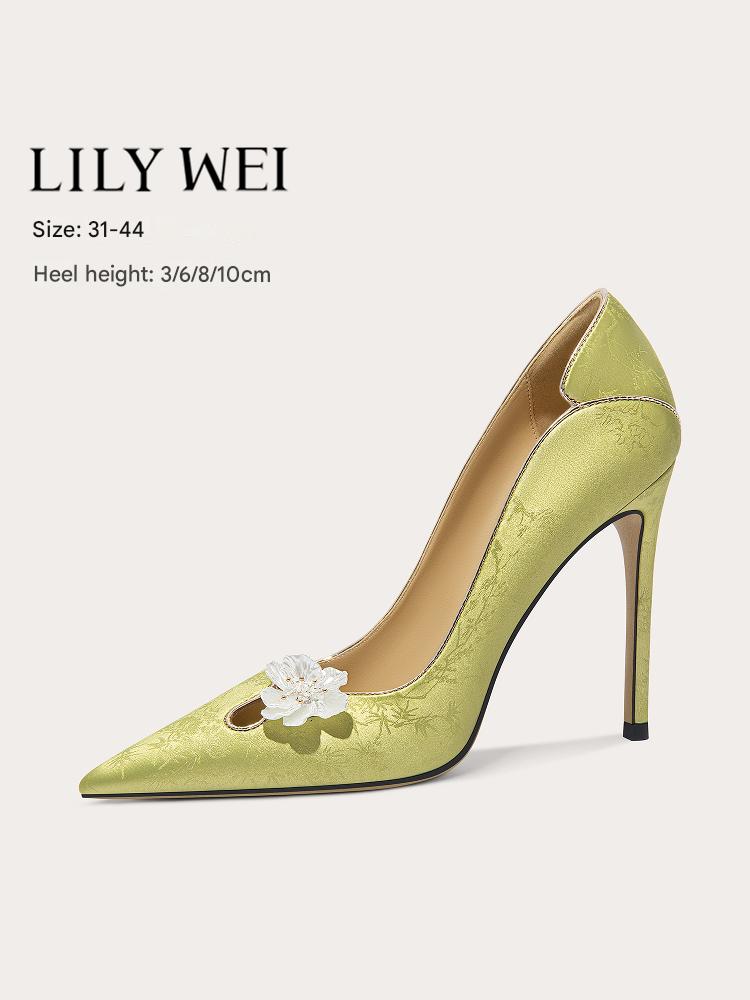 Lily Wei national style satin flower high heels with cheongsam temperament pumps- MAYA