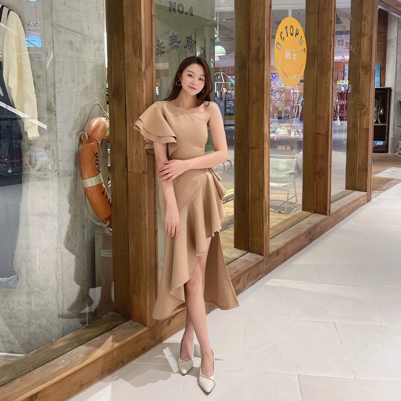 DOLLY Elegant Slant Collar Ruffle Sleeve Slim Fit Midi Irregular Skirt Party Dress-GANGA