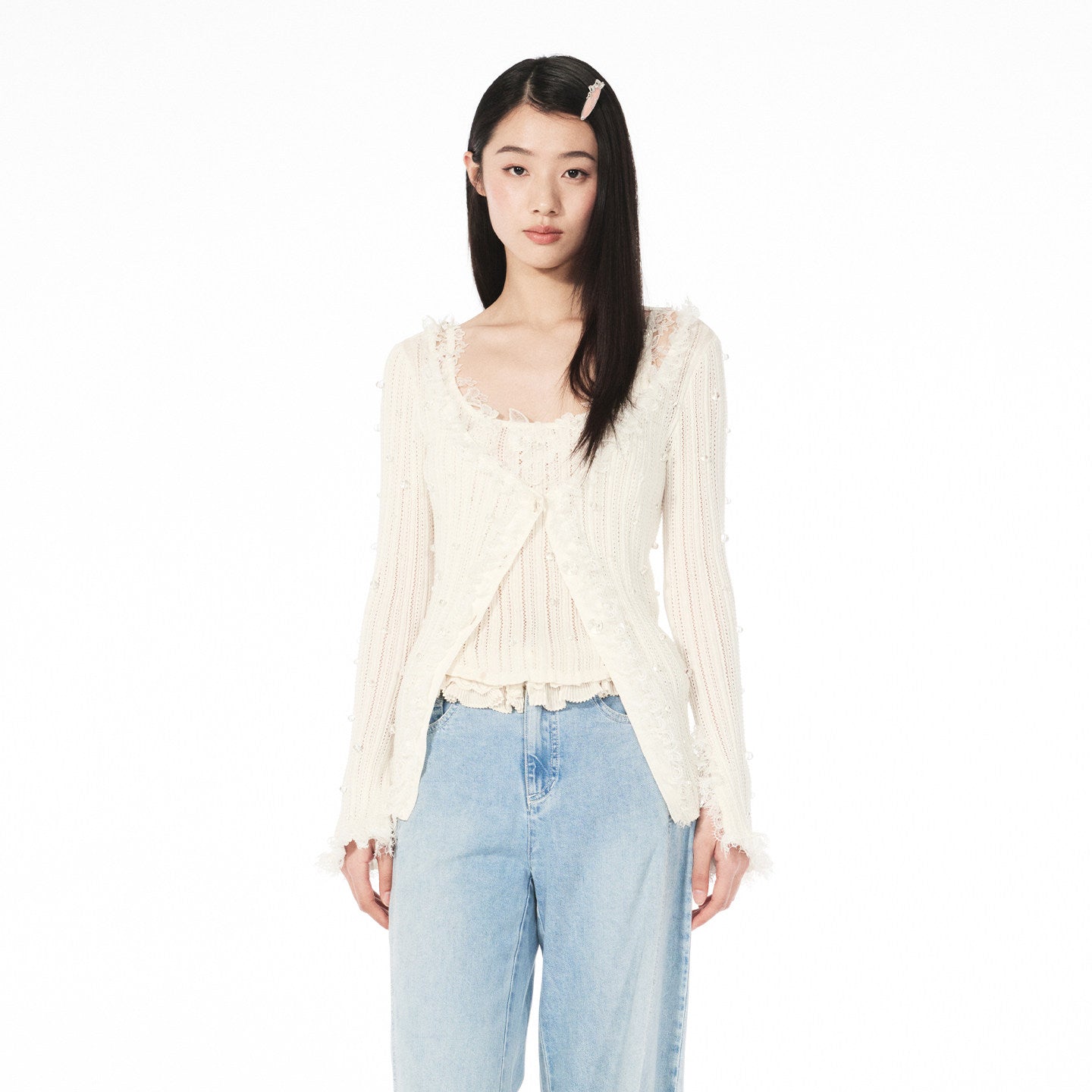 FAME lace-style spliced knitted vest suspender underwear top - PRECIOUS