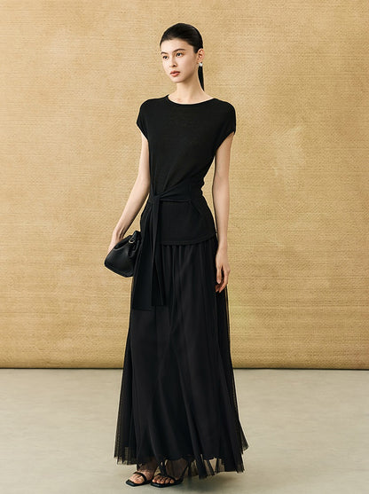 HECO Chinese Slimming Waist Linen Knit Breathable Crew Neck T-Shirt - INDIGO.