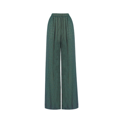 TUYUE Dark Green Satin Woven Elastic Waist Straight Casual Pants- RUBY.