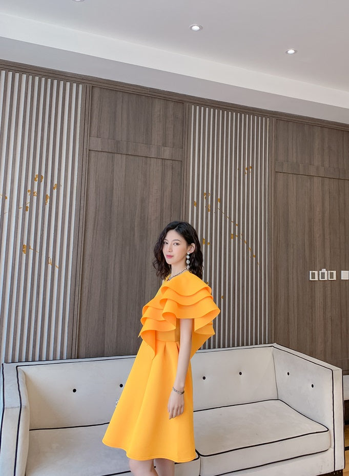 DOLLY Luxury Retro Style Crew Neck One Shoulder Ruffle Sleeves Midi Office Dress-CLAUDI