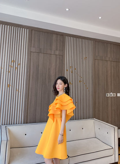 DOLLY Luxury Retro Style Crew Neck One Shoulder Ruffle Sleeves Midi Office Dress-CLAUDI