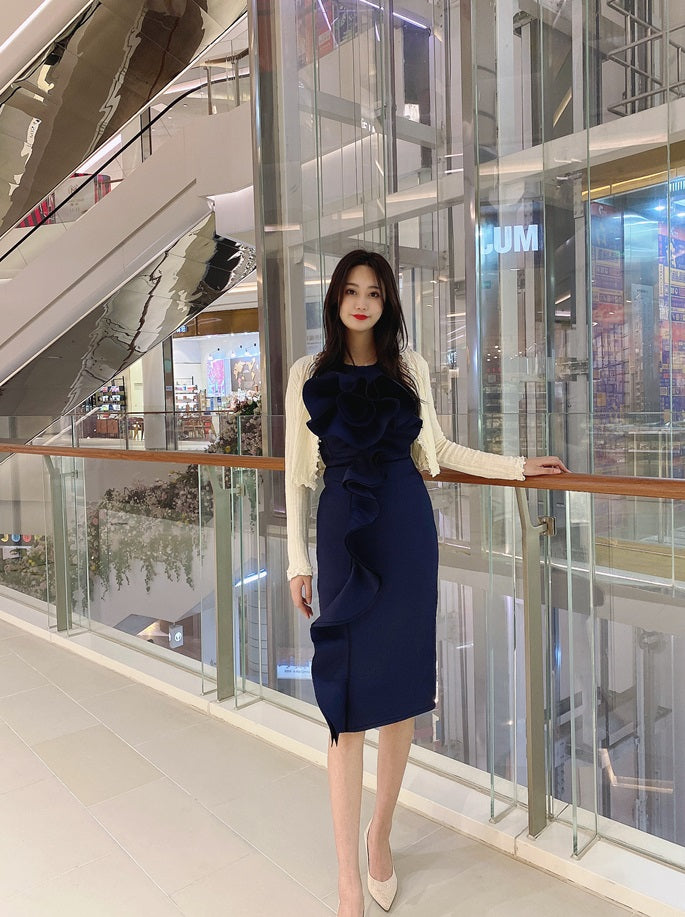 DOLLY Elegant French Style Sleeveless Ruffle Collar Slim Fit Midi Cocktail Dress-BANNIE