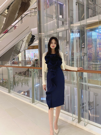 DOLLY Elegant French Style Sleeveless Ruffle Collar Slim Fit Midi Cocktail Dress-BANNIE