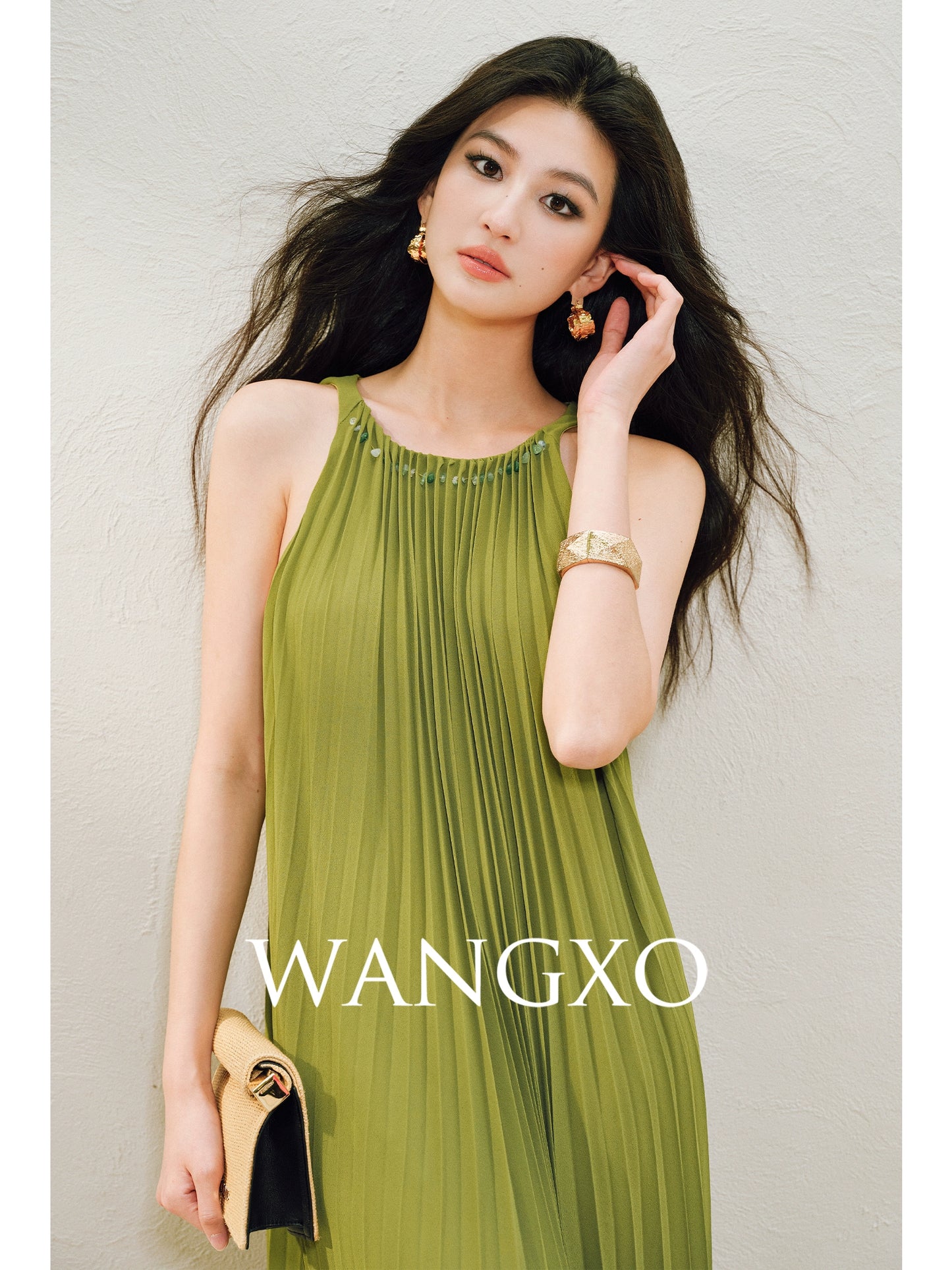 WANGXO | Natural Stone Beaded Halterneck Flowing A-Line Umbrella Skirt -ZENA