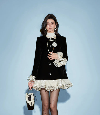 CHICHY French fragrance black velvet chic foreign ruffle jacket-MARY
