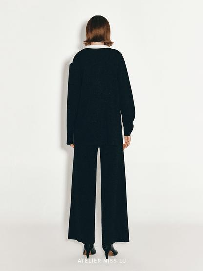 ATELIER MISS LU Geometric Contrast Cashmere and Wool Blend Cardigan - CLOVE