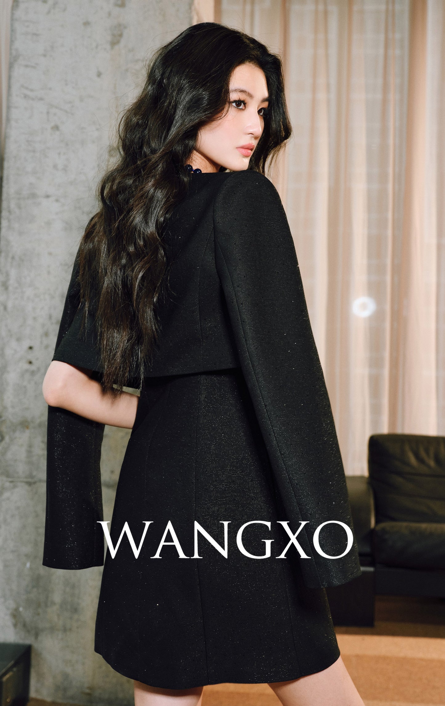 WANGXO | Silver Silk Truncated Shoulder Box Coat & Slip Dress Set -VERA.