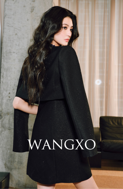 WANGXO | Luxury Silver Silk Galaxy Hot Diamond Shoulder Box Coat & Flowing Slip Dress Set -VÉRA