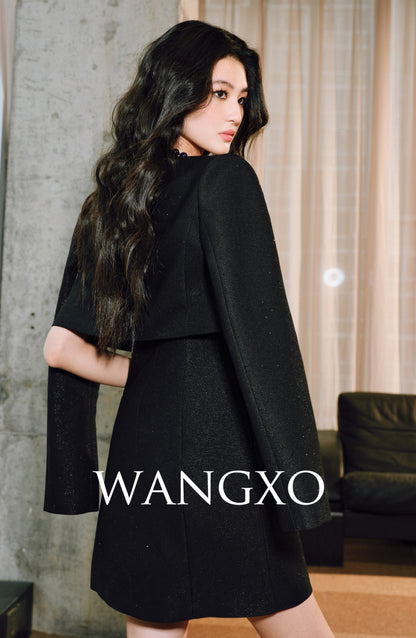 WANGXO | Luxury Silver Silk Galaxy Hot Diamond Shoulder Box Coat & Flowing Slip Dress Set -VÉRA
