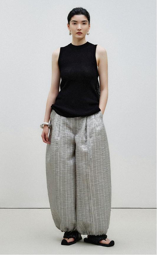 ZHUCHONGYUN  black cut-out grid design waist crew neck sleeveless knit top-HATSU.