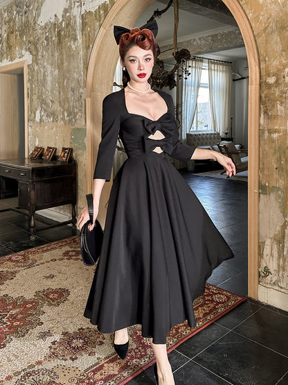 Le Palais Vintage Elegant Retro Long Sleeves Plain Mid Skirt Black  Long Cocktail Hem Dress-Aurora